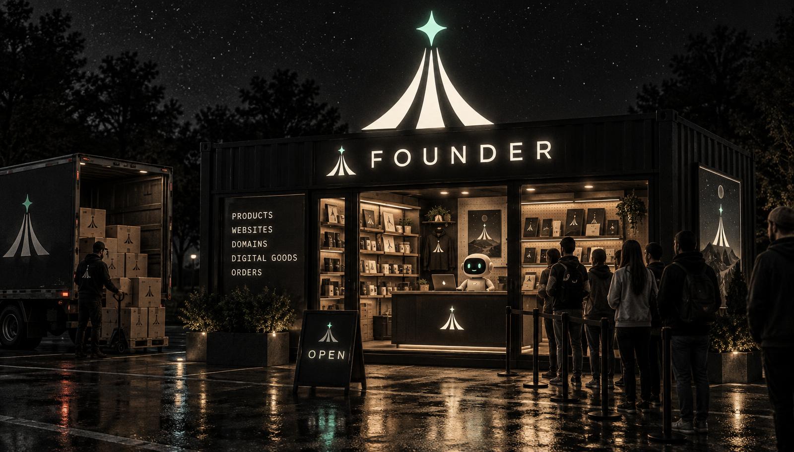 A FOUNDER storefront at night: a robot operator at the counter, creator products on the shelves and customers queuing